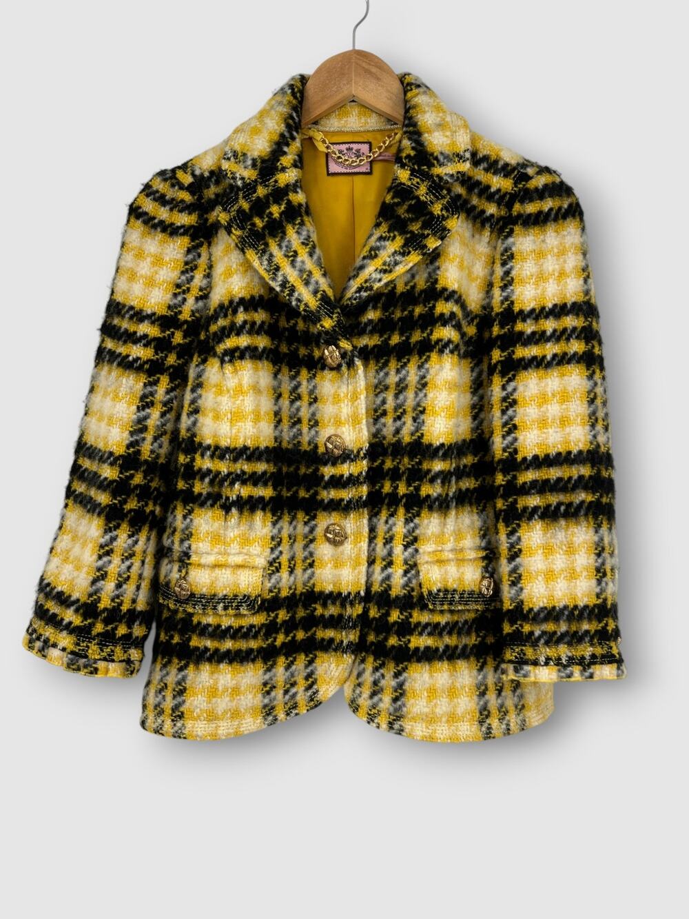 Y2k Juicy Couture Yellow Black Plaid Wool Tweed Blazer Jacket Size Medium